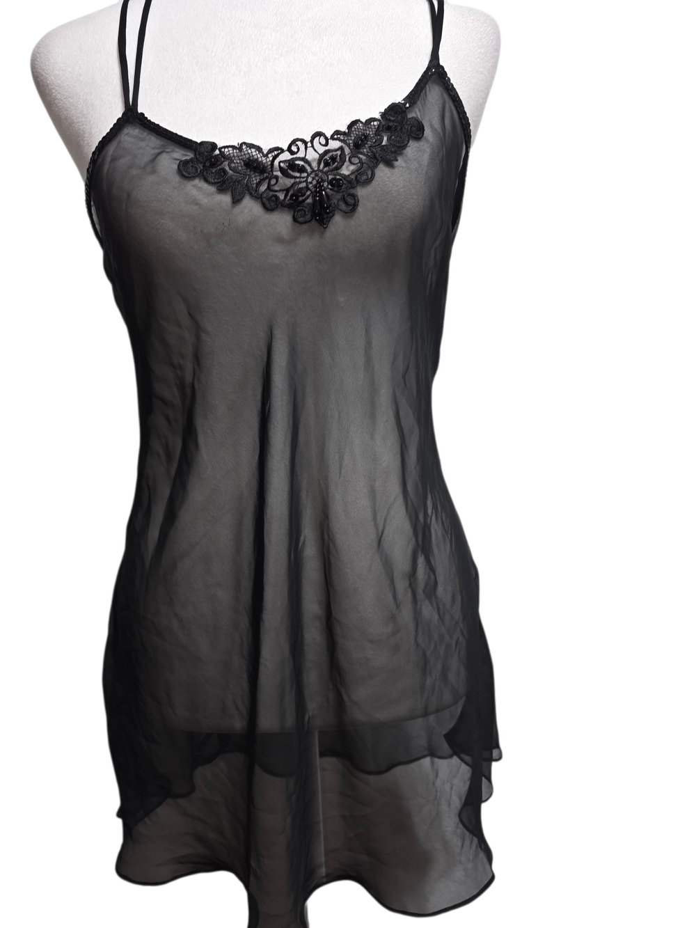 Vintage Frederick’s of Hollywood Black Sheer Babydoll Slip Dress S Y2K Lace Mesh